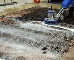 Professional rug cleaning with a rotary floor machine and shampoo foam, deep-cleaning an area rug, in San Diego, CA.